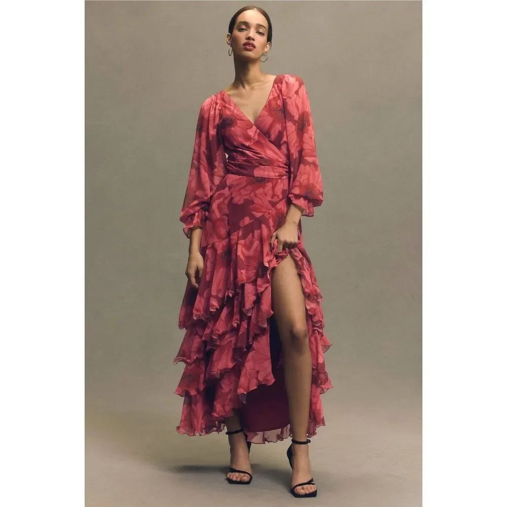Anthropologie Hutch Kya Long-Sleeve V-Neck Printed Tiered Wrap Maxi Dress